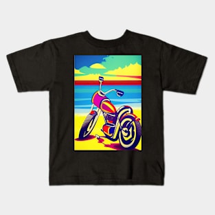 CLASSIC COOL RETRO MOTORCYCLE ON THE BEACH Kids T-Shirt